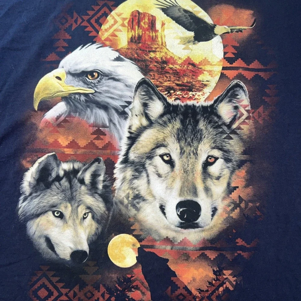 Wolf Eagle Southwest Aztec‎ Graphic T-Shirt 2XL Navy Blue Heavy Cotton